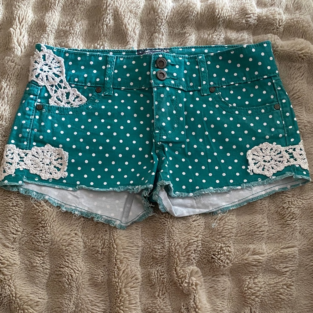 Hot Kiss Teal Polka Dot Jean Shorts with Lace Details
